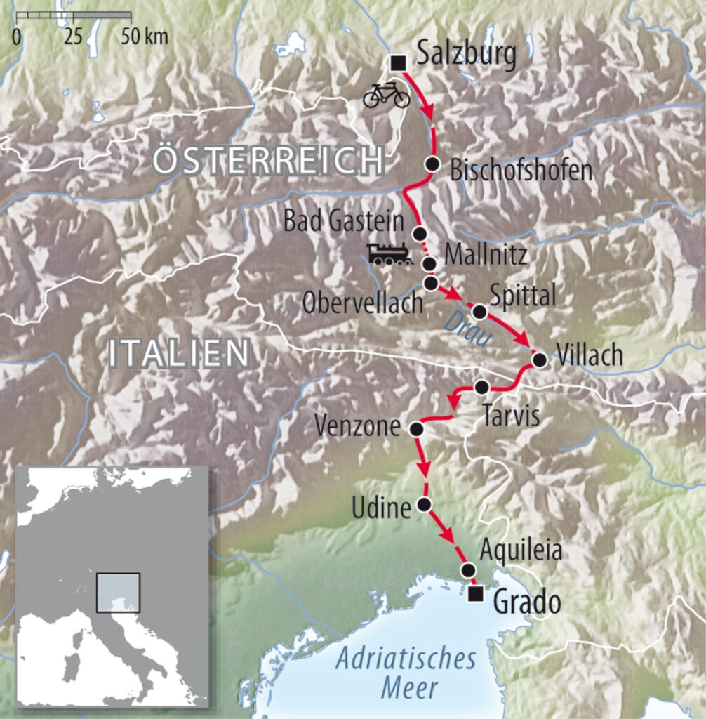 Fahrradkarte Österreich Italien - Alpe Adria Radweg Karte Etappen Salzburg Grado