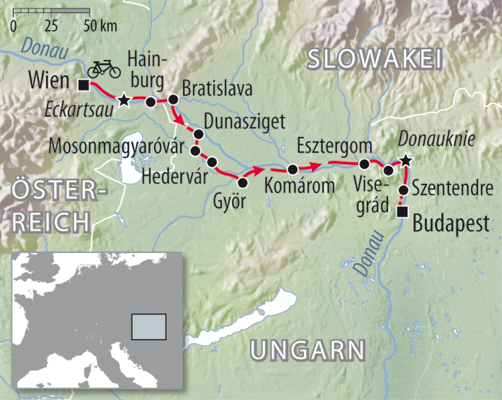 Fahrradkarte Österreich Ungarn Donauradweg - Wien nach Budapest Donau Radweg Etappen