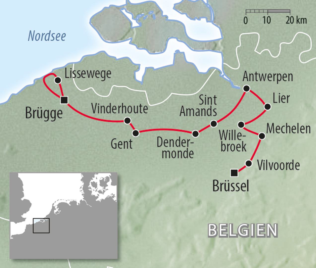 Fahrradkarte Belgien - Rad und Schiff Brügge Brüssel Fahrradtour