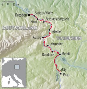 Fahrradkarte Deutschland Tschechien - Elbe Radwanderweg und Moldau - Prag nach Dresden