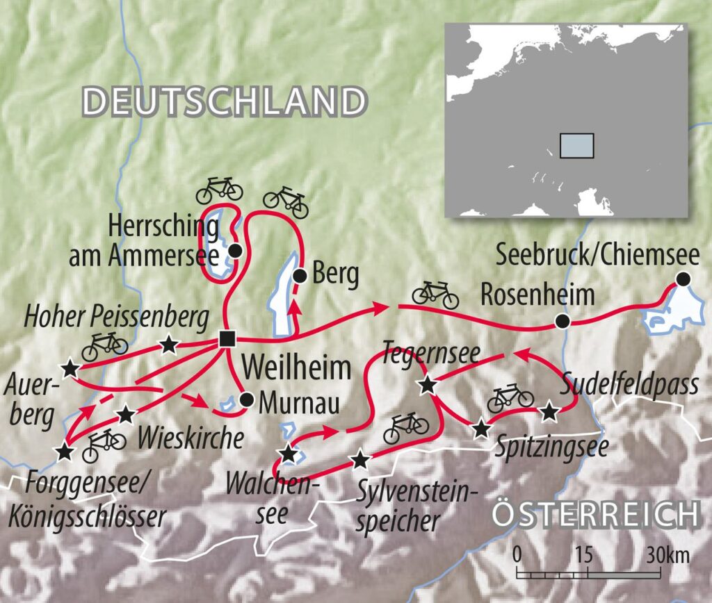 Rennradreise Deutschland Bayern Alpenrand, stilisierte Karte mit den einzelnen Etappen der Launer-Rennradreise bayerischer Alpenrand