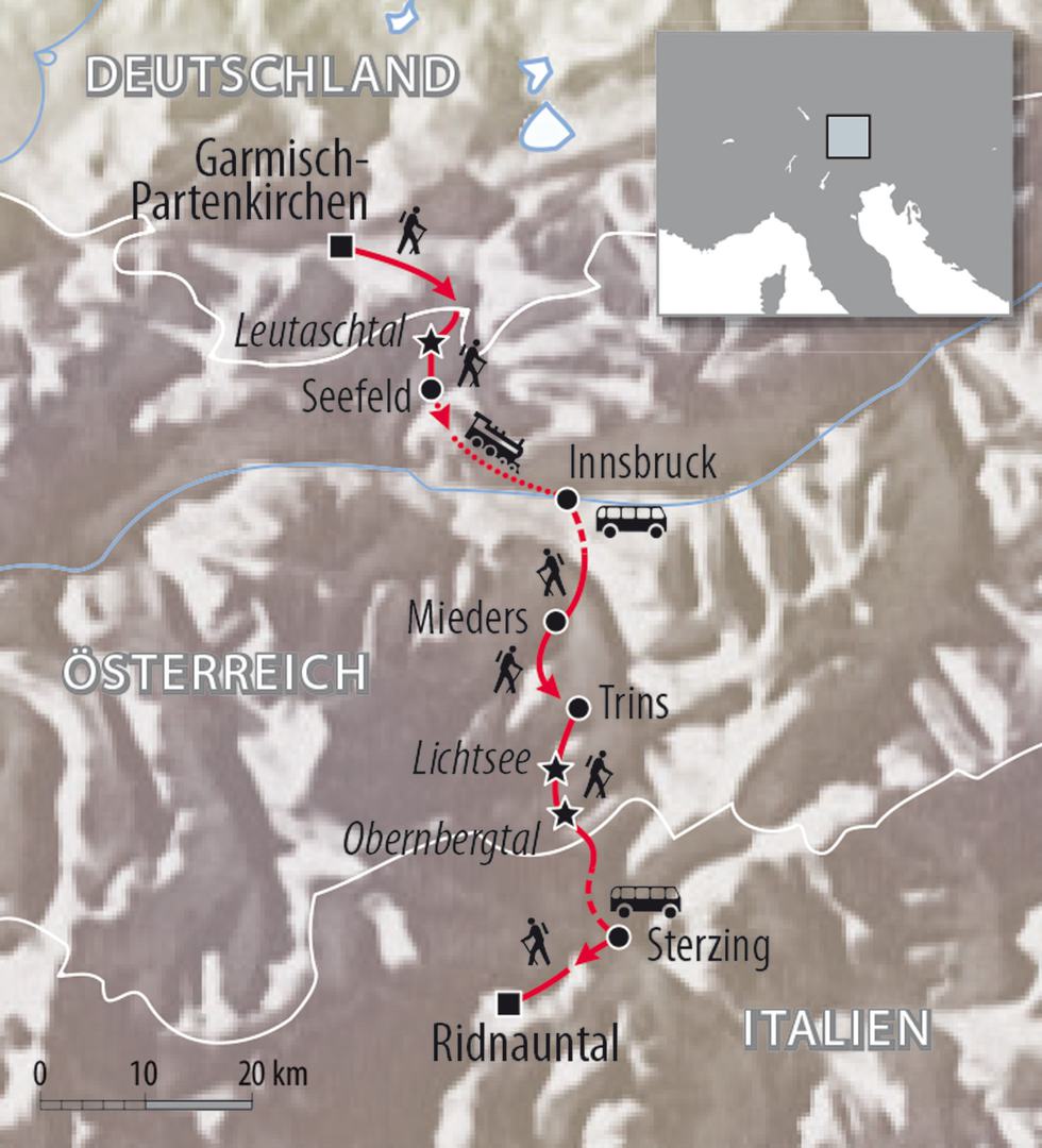 Wanderkarte Deutschland Österreich - Wanderung Alpenüberquerung Garmisch nach Sterzing