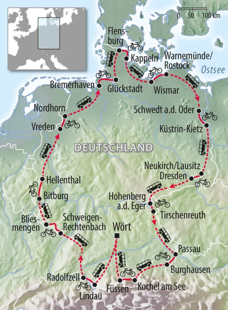 Fahrradkarte Deutschland Umrundung - mit dem Fahrrad Lindau Bremerhaven Flensburg Wismar Dresden Passau Füssen