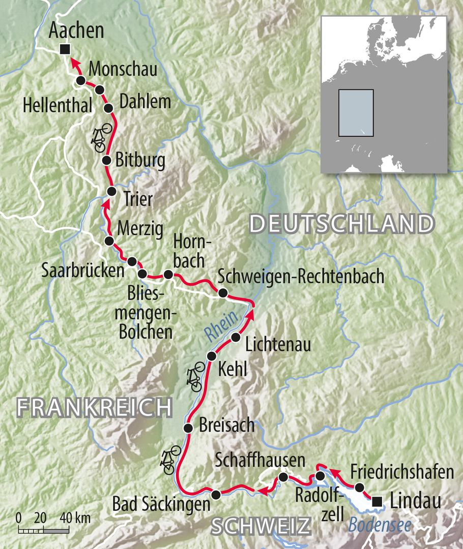 Fahrradkarte Deutschland - Radtour von Lindau Bodensee Rheinradweg Schaffhausen Breisach Trier nach Aachen