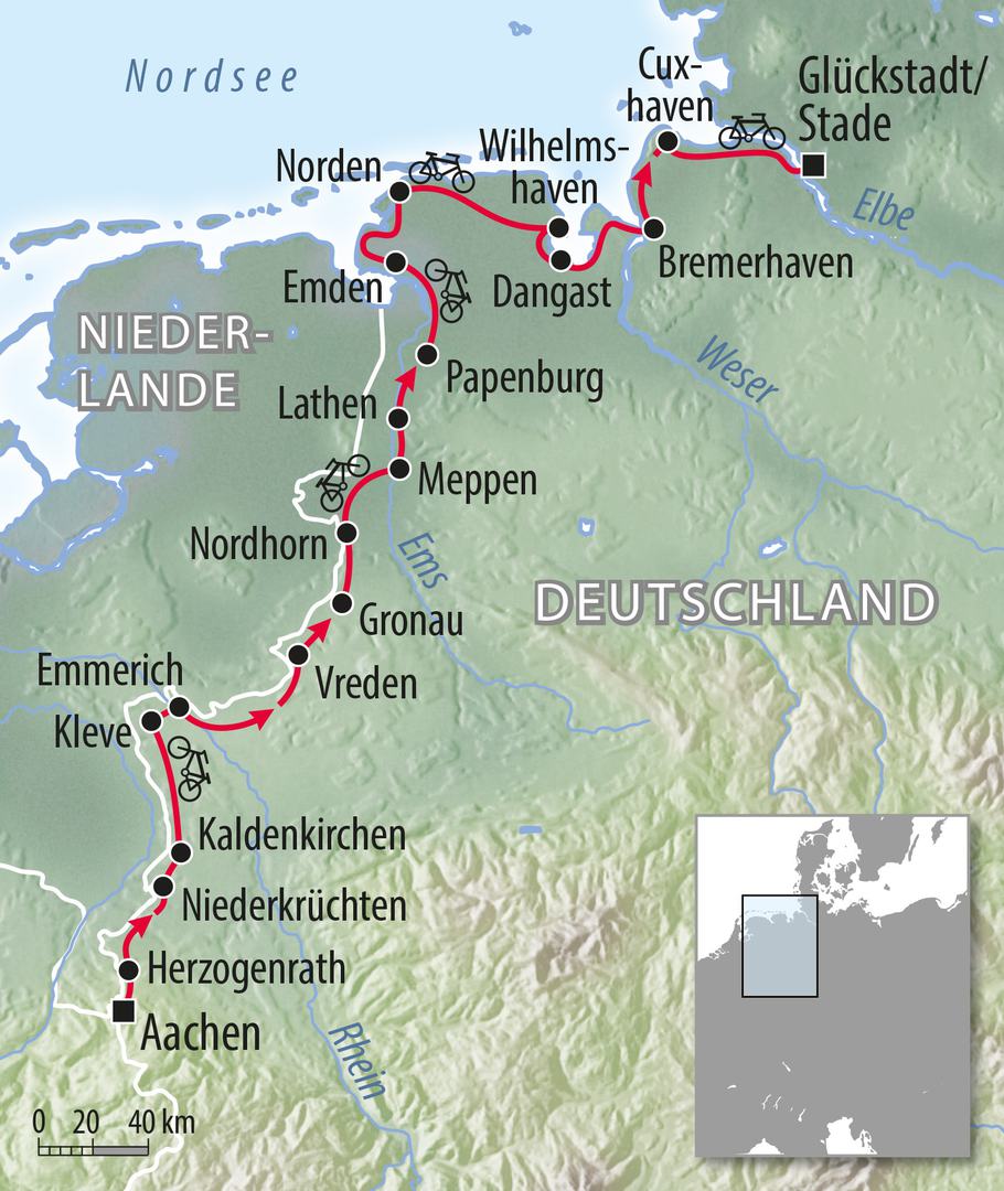 Fahrradkarte Deutschland - mit dem Fahrrad von Aachen Papenburg Bremerhaven Nordsee nach Glückstadt