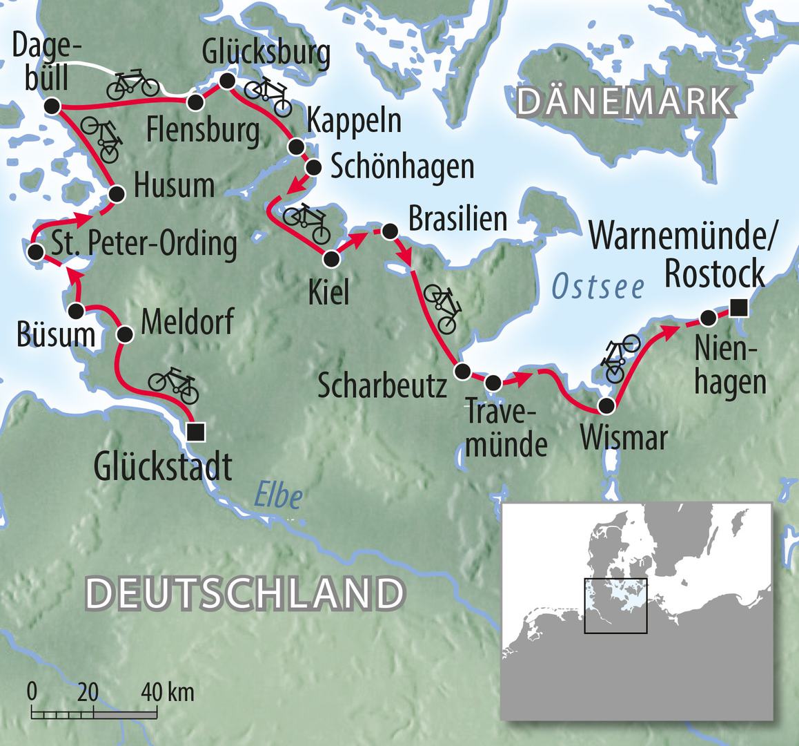 Fahrradkarte Deutschland Ostseeradwege - mit Fahrrad Glückstadt Husum Kiel Rostock Ostseekuestenradweg