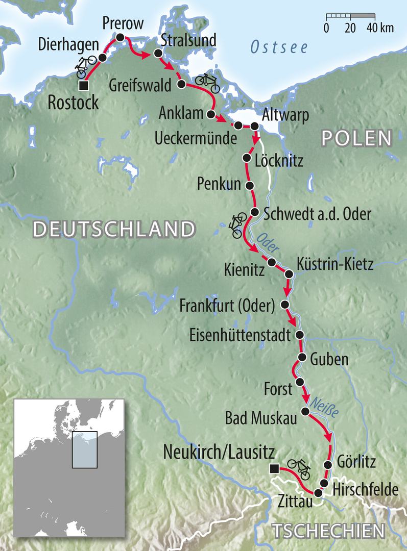 Fahrradkarte Deutschland - mit dem Fahrrad von Rostock Stralsund Görlitz in die Lausitz