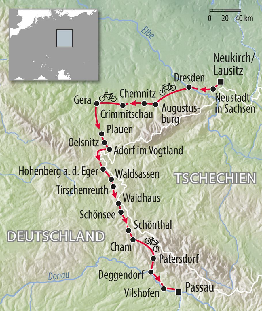 Fahrradkarte Deutschland - Fahrradtour von Lausitz Plauen nach Passau