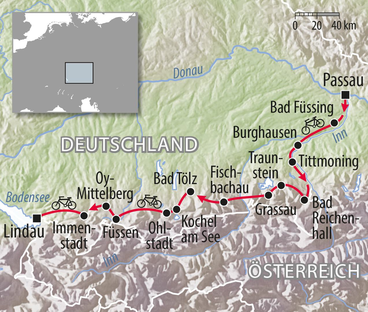 Fahrradkarte Deutschland - Radtour von Passau Bad Tölz nach Lindau