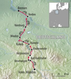 Fahrradkarte Deutschland Weserradweg Pauschalangebote - Radtouren Weser Hann. Münden Hameln nach Bremen