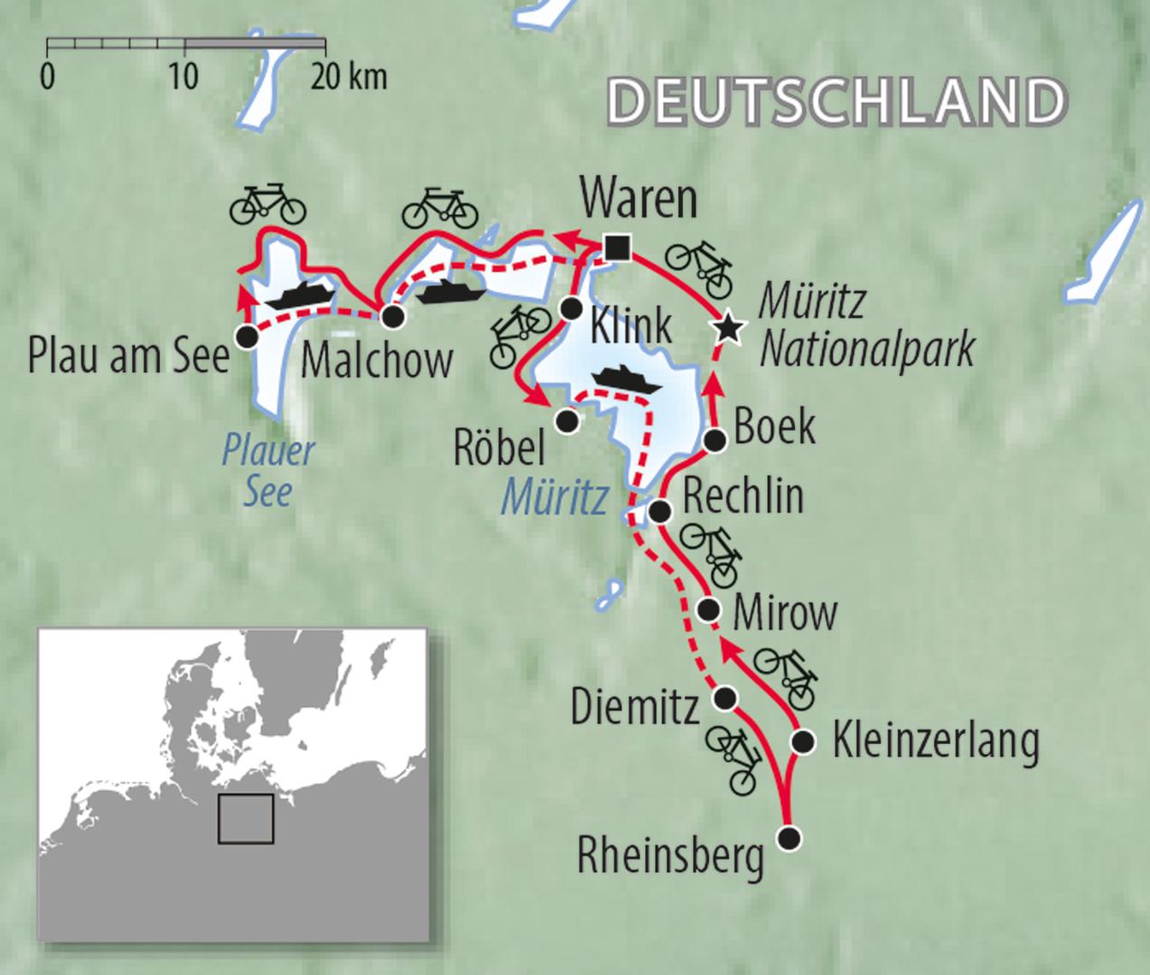 Fahrradkarte Deutschland Mecklenburgischen Seenplatte - Rad und Schiff Müritz Waren Plauer See