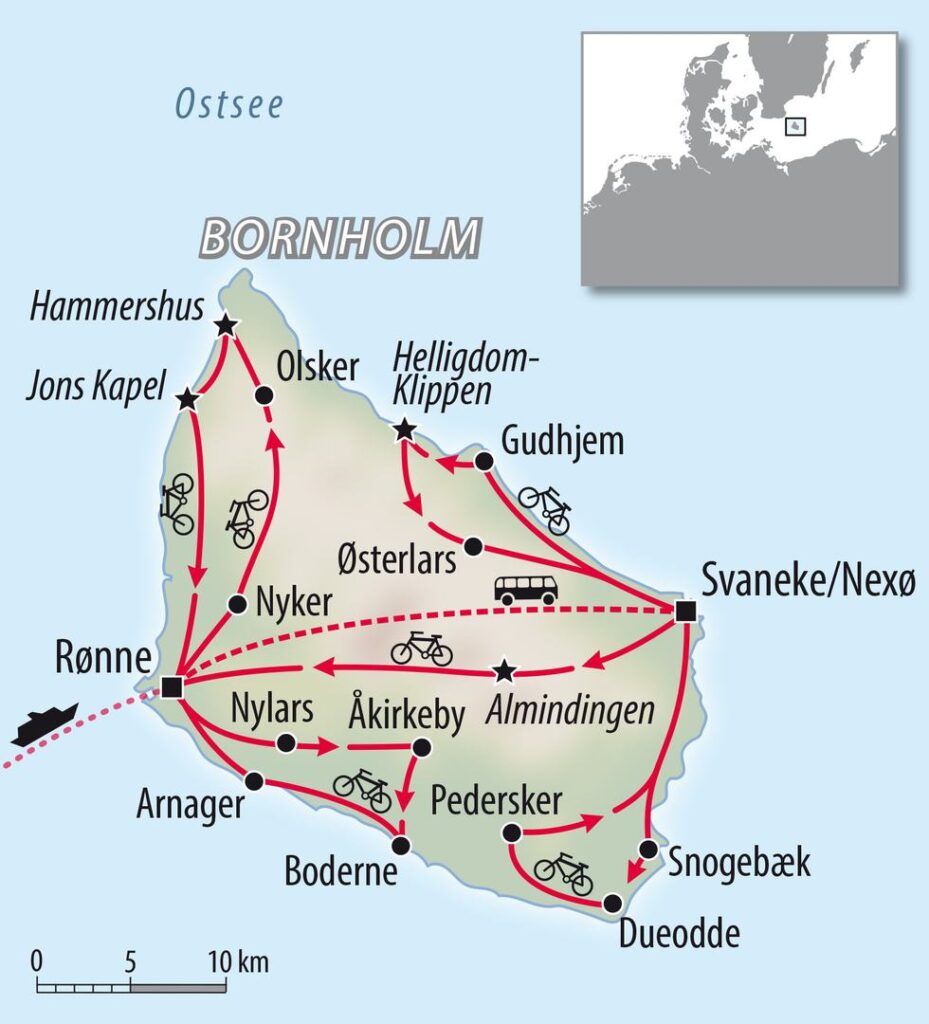 Fahrradkarte Dänemark Bornholm Insel - Radurlaub mit Hammershus Helligdom Ronne
