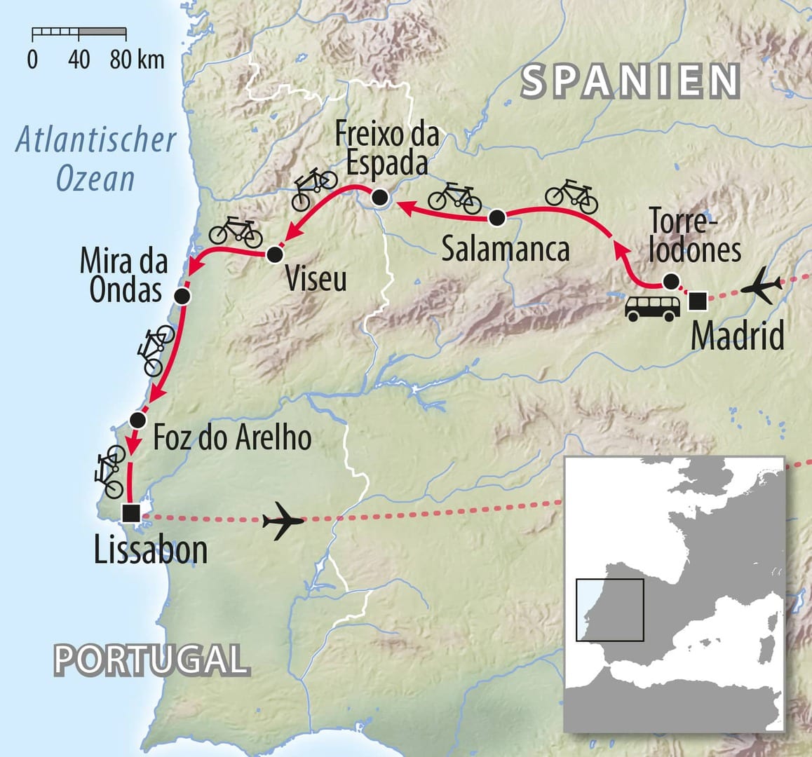 Fahrradkarte Spanien Portugal - Rennrad Tour von Madrid Salamanca nach Lissabon