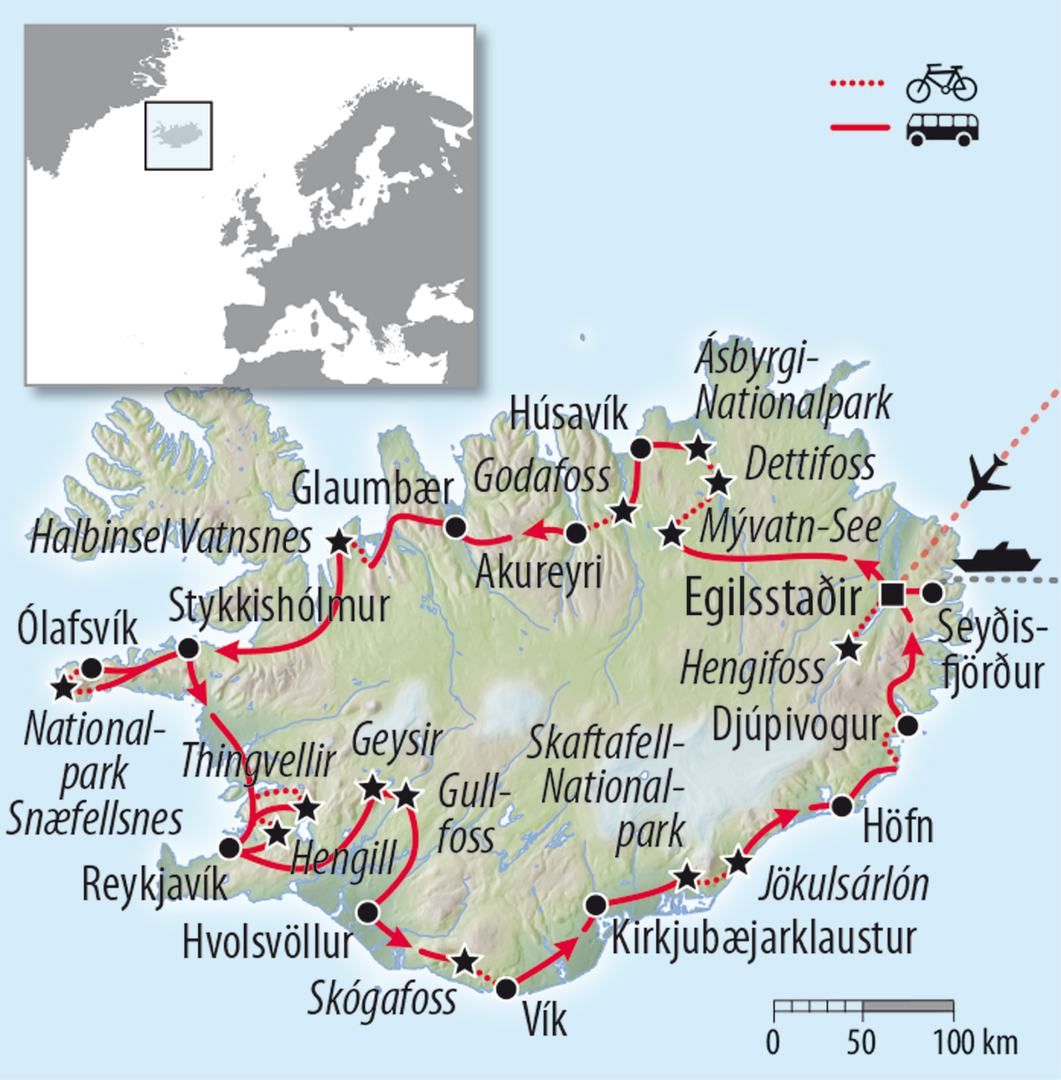 Fahrradkarte Island Rundreise - Radreise mit Reykjavik Geysir Egilsstadir Godafoss und Nationalparks