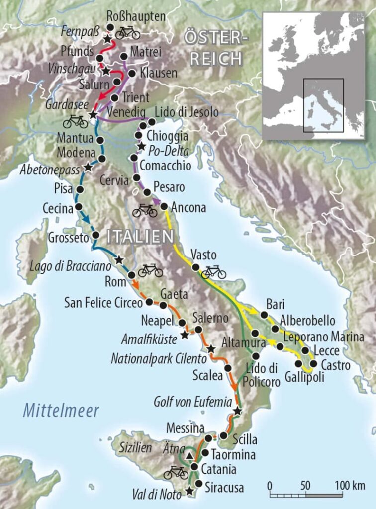 Fahrradkarte Italien - Radreisen in Italien Transitalia - Südtirol Toskana Sizilien Apulien