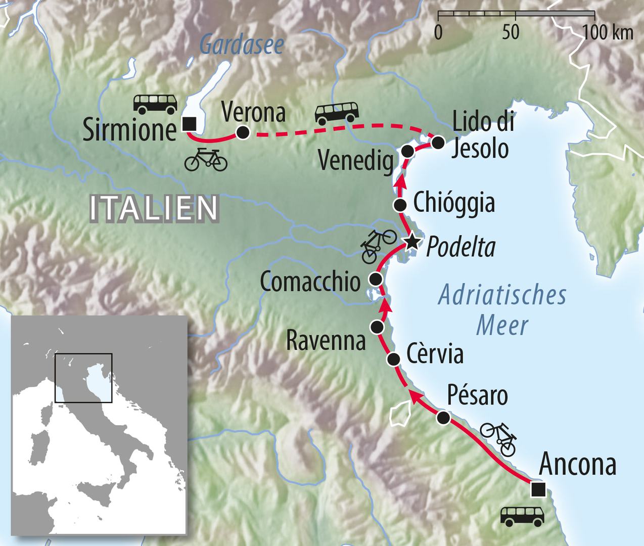 Fahrradkarte Italien - Radreise von Ancona Adria - Venedig - zum Gardasee