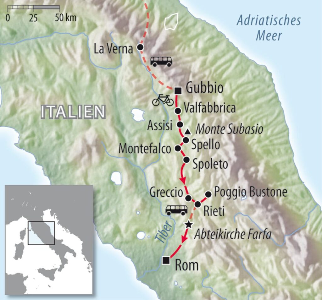 Fahrradkarte Italien - mit dem Fahrrad von Assisi nach Rom