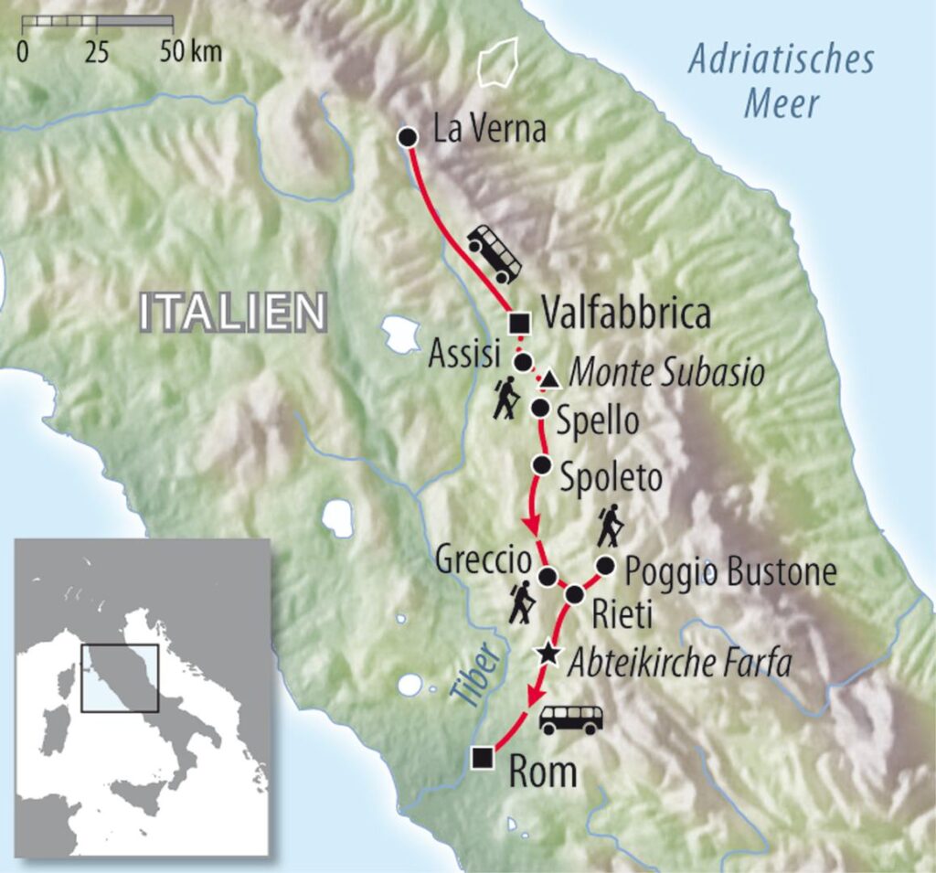 Wanderkarte Italien - zu Fuß von Assisi nach Rom