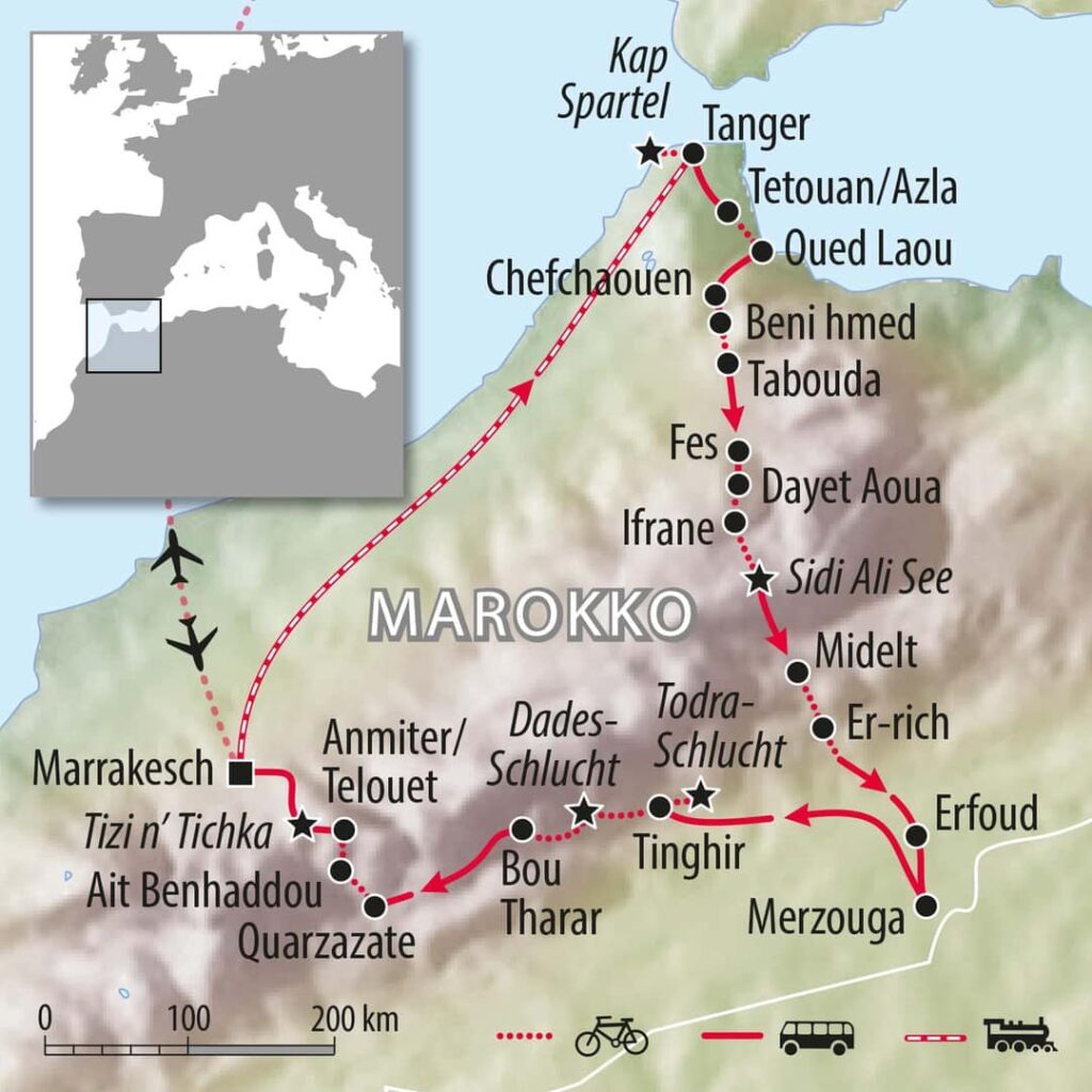 Fahrradkarte Marokko Afrika - mit dem Fahrrad - Tanger Marrakesch Dades Schlucht