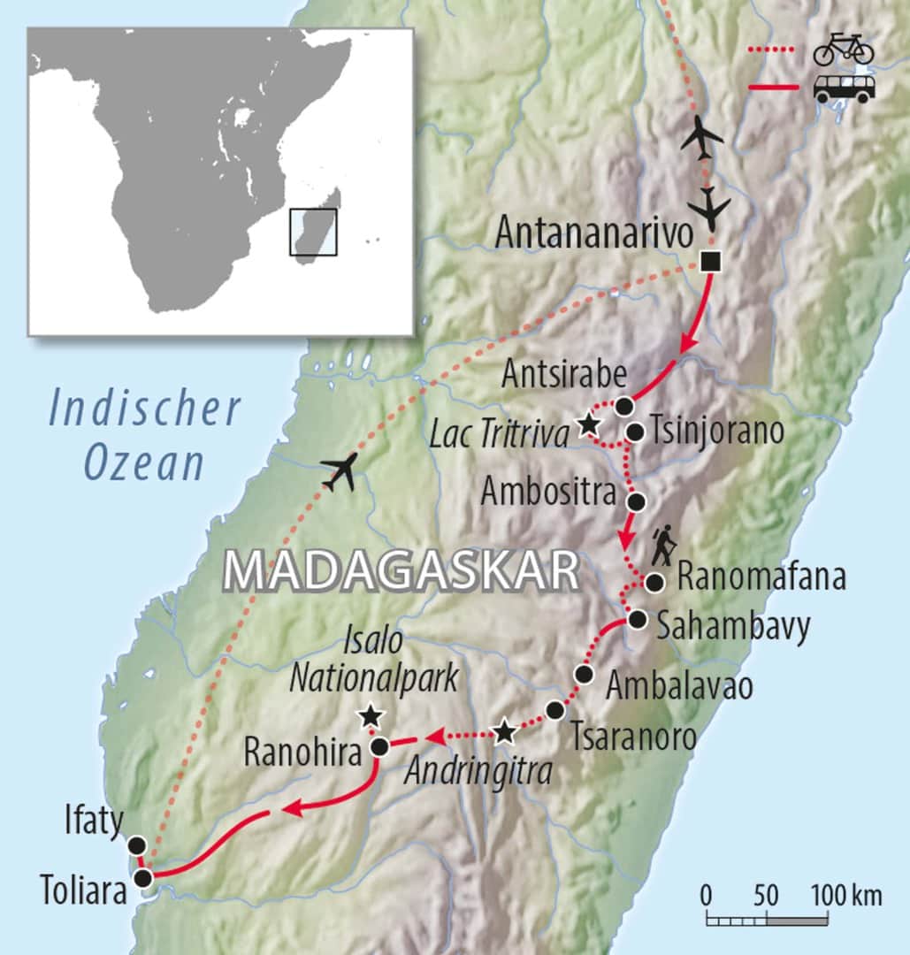 Fahrradkarte Madagaskar Insel Indischer Ozean Afrika - Fahrrad Reise Ambositra Isalo Nationalpark