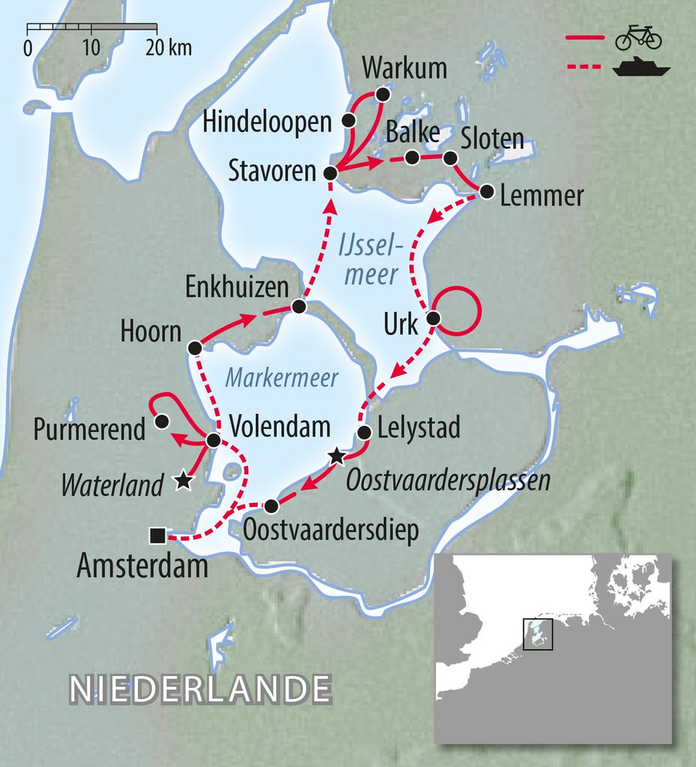 Fahrradkarte Niederlande Holland - Rad und Schiff Nordsee - Amsterdam Volendam Hoorn Warkum Urk