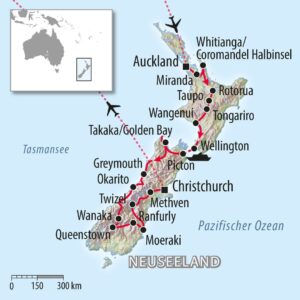 Fahrradkarte Neuseeland - Fahrrad Urlaub von Auckland - Wellington - Queenstown - Christchurch -