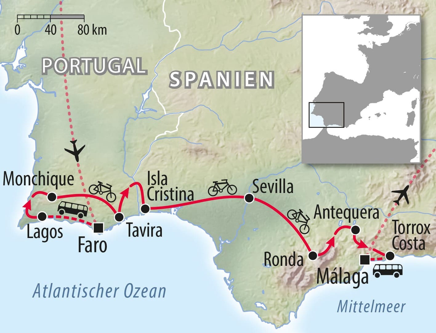 Fahrradkarte Portugal Algarve Andalusien - Rennrad Tour Lagos - Sevilla - Malaga