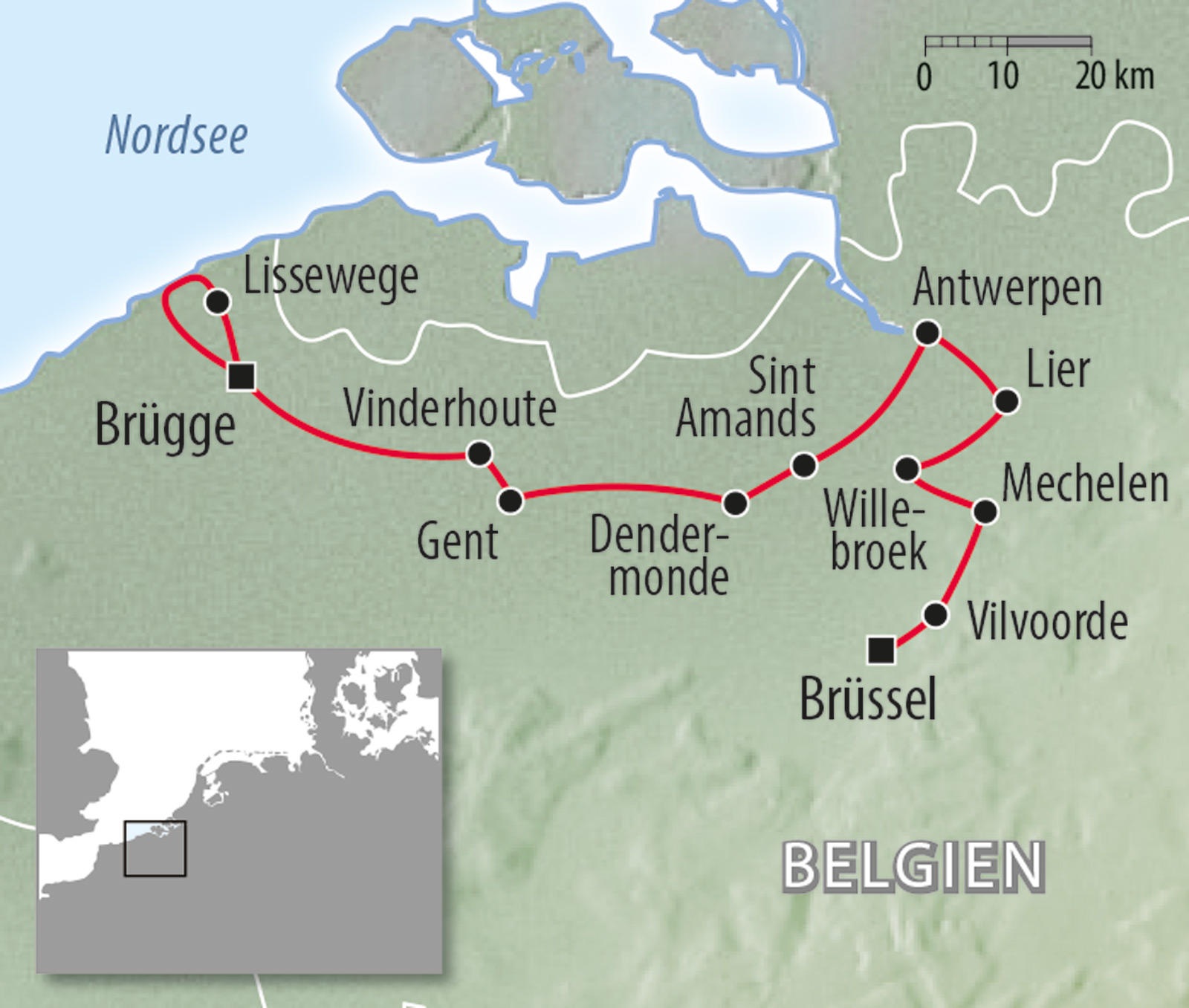 Fahrradkarte Belgien - Rad und Schiff von Brüssel nach Brügge