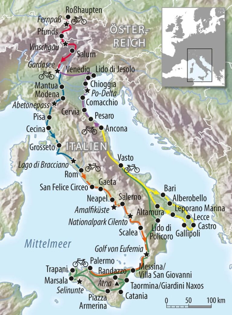 Fahrradkarte Italien - Rennradreisen in Italien Transitalia - Südtirol Toskana Sizilien Apulien