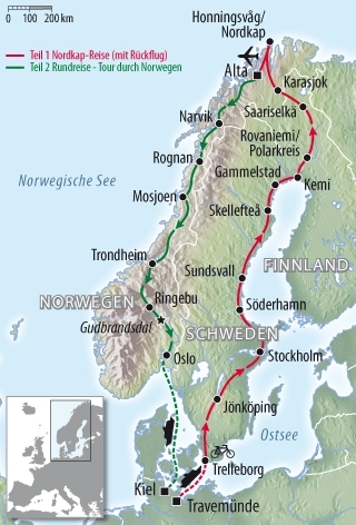 Fahrradkarte Norwegen Schweden Finnland - Rundreise mit dem Fahrrad ans Nordkap