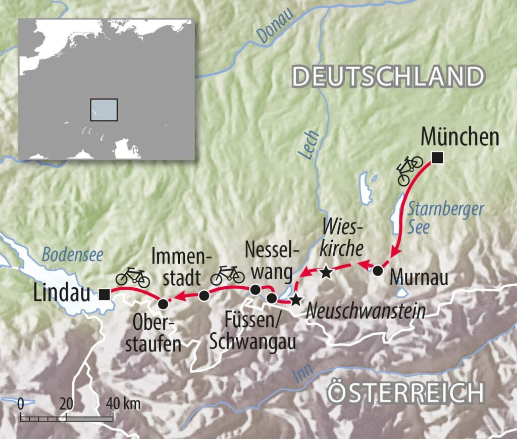 Fahrradkarte Deutschland Bayern und Allgäu - Radtour von München zum Bodensee nach Lindau
