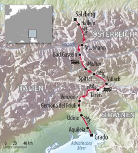 Fahrradkarte Österreich Italien Alpe Adria Radweg Alpenüberquerung mit Fahrrad von Salzburg nach Grado
