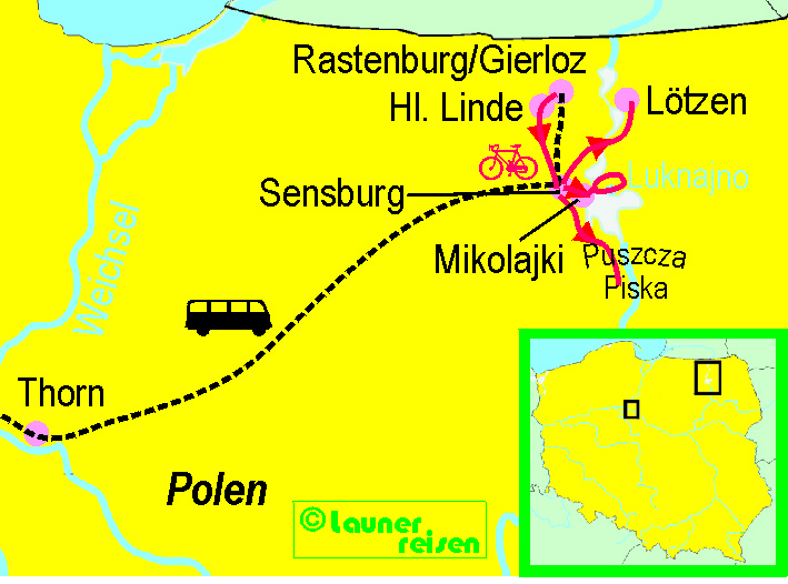 Fahrradkarte Polen Masuren - mit dem Fahrrad - Sensburg - Heilige Linde