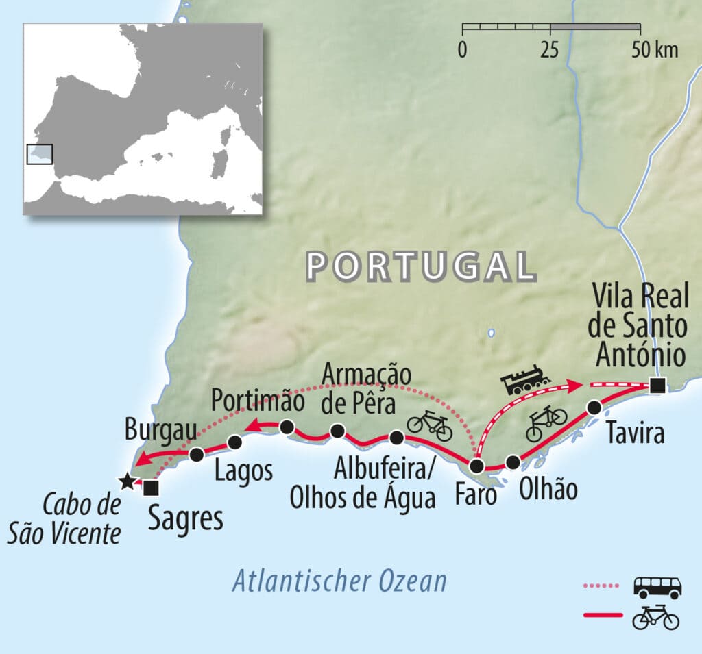Fahrradkarte Portugal Algarve - mit dem Fahrrad von Vila Real de Santo António nach Cabo de Sao Vicente