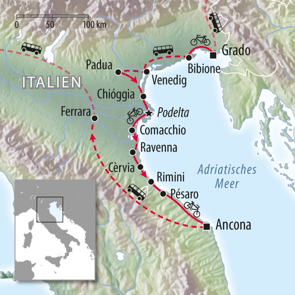 Fahrradkarte Radreise Italien von Grado nach Ancona mit Venedig