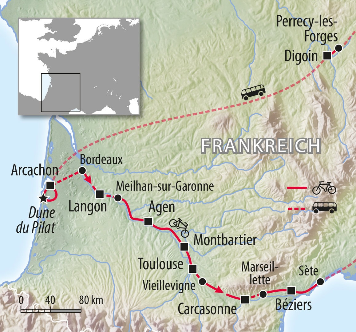 Fahrradkarte Radreise Frankreich Atlantik Mittelmeer Canal du Midi Bordeaux Toulouse Sete