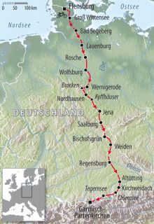 Rennradreise Deutschland von Flensburg nach Garmisch, Kartenausschnitt m,it Streckenführung und Zwischenzielen der Launer-Rennradreise von Flensburg nach Garmisch